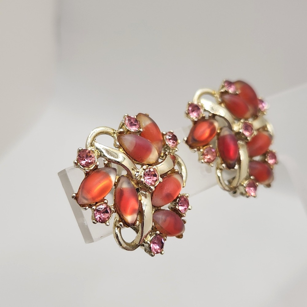 Vintage Cranberry Fruit Salad‎ Red Pink Rhinestone Clip On Earrings MCM Retro